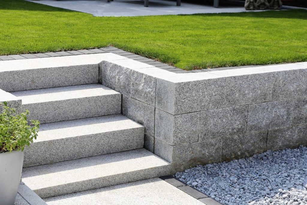Interlocking concrete blocks in a backyard